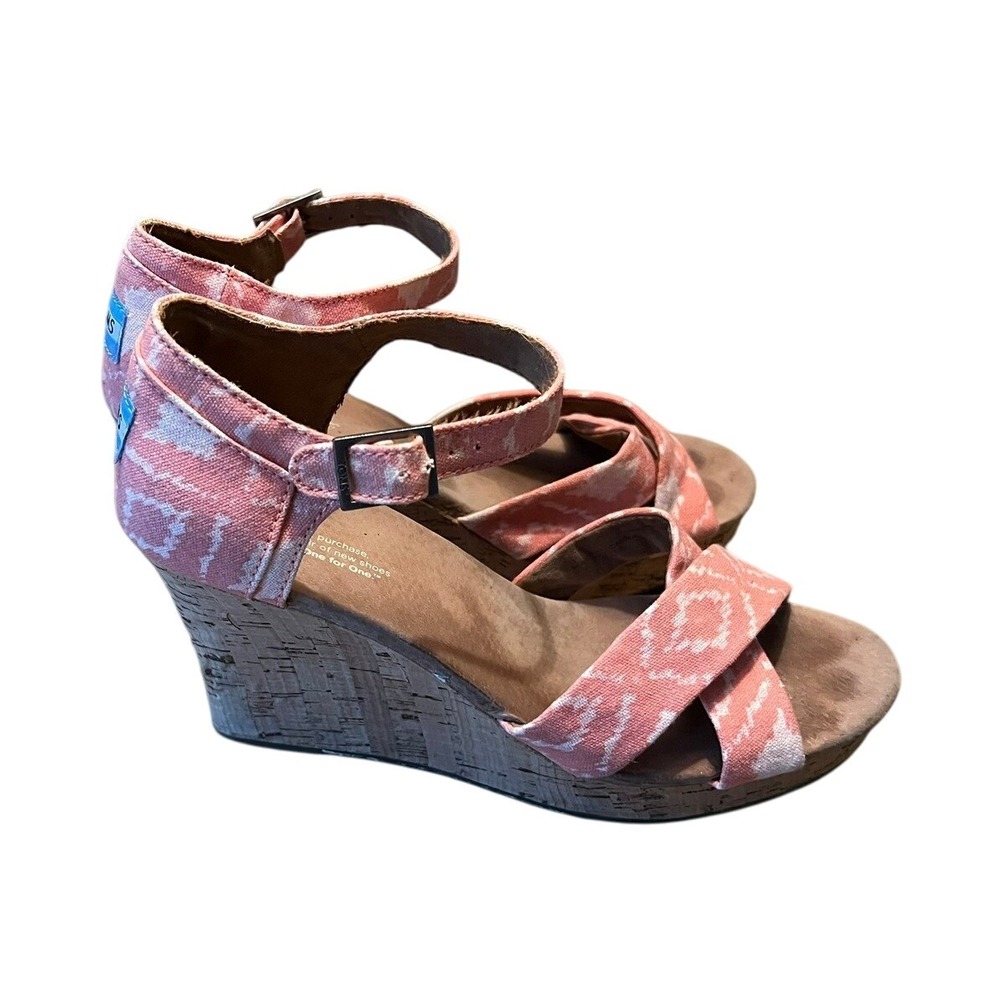 TOMS Geometric Pink Ikat Wedge Strappy Sandals Cork Heel Shoes Women's‎ 10